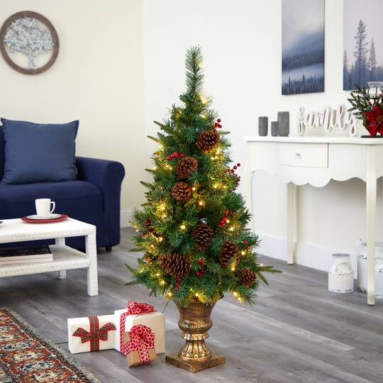 4ft. Pre-Lit Pine Artificial Potted Christmas Tree with Pinecone & Berries, Clear LED Lights